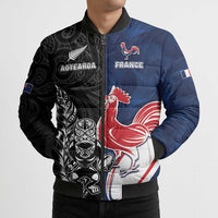 France And New Zealand Rugby Custom Bomber Puffer Jacket Les Bleus Rooster With Maori Tiki LT05 - Polynesian Pride