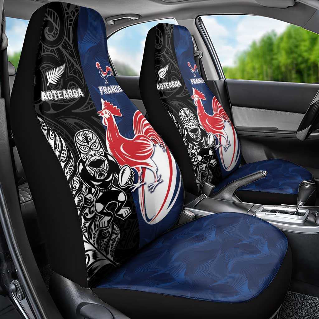 France And New Zealand Rugby Car Seat Cover Les Bleus Rooster With Maori Tiki LT05 - Polynesian Pride