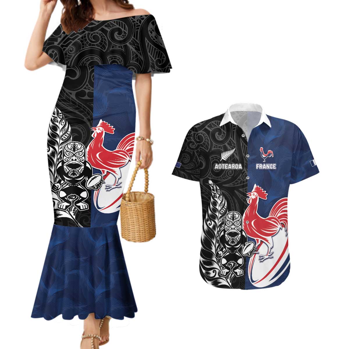 France And New Zealand Rugby Custom Couples Matching Mermaid Dress and Hawaiian Shirt Les Bleus Rooster With Maori Tiki LT05 Black - Polynesian Pride