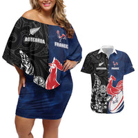 France And New Zealand Rugby Custom Couples Matching Off Shoulder Short Dress and Hawaiian Shirt Les Bleus Rooster With Maori Tiki LT05 Black - Polynesian Pride