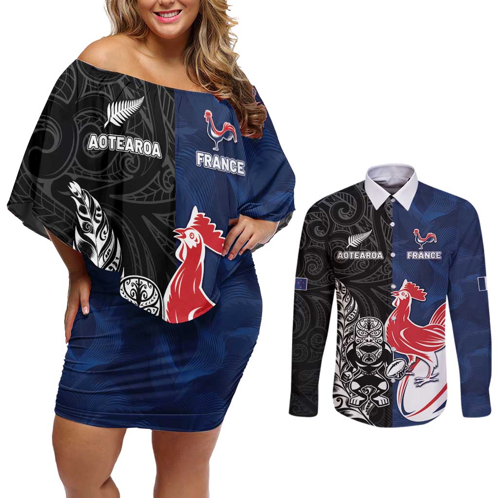 France And New Zealand Rugby Custom Couples Matching Off Shoulder Short Dress and Long Sleeve Button Shirt Les Bleus Rooster With Maori Tiki LT05 Black - Polynesian Pride