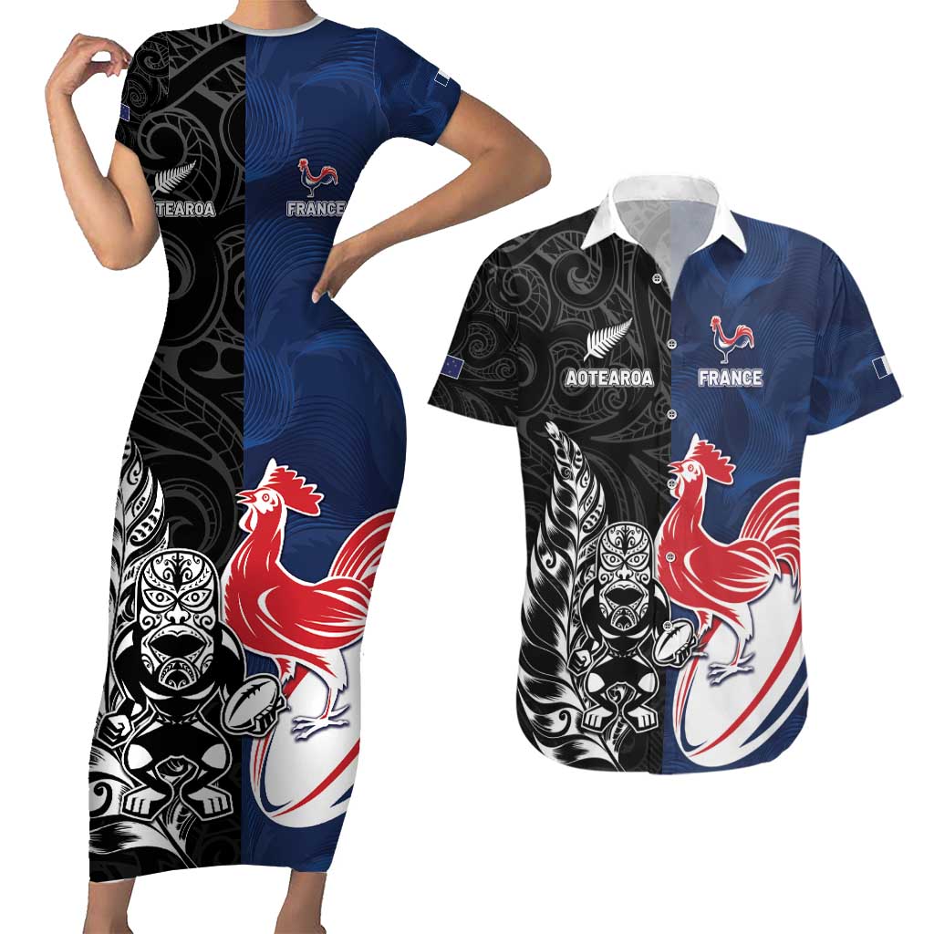 France And New Zealand Rugby Custom Couples Matching Short Sleeve Bodycon Dress and Hawaiian Shirt Les Bleus Rooster With Maori Tiki LT05 Black - Polynesian Pride