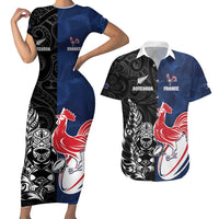 France And New Zealand Rugby Custom Couples Matching Short Sleeve Bodycon Dress and Hawaiian Shirt Les Bleus Rooster With Maori Tiki LT05 Black - Polynesian Pride