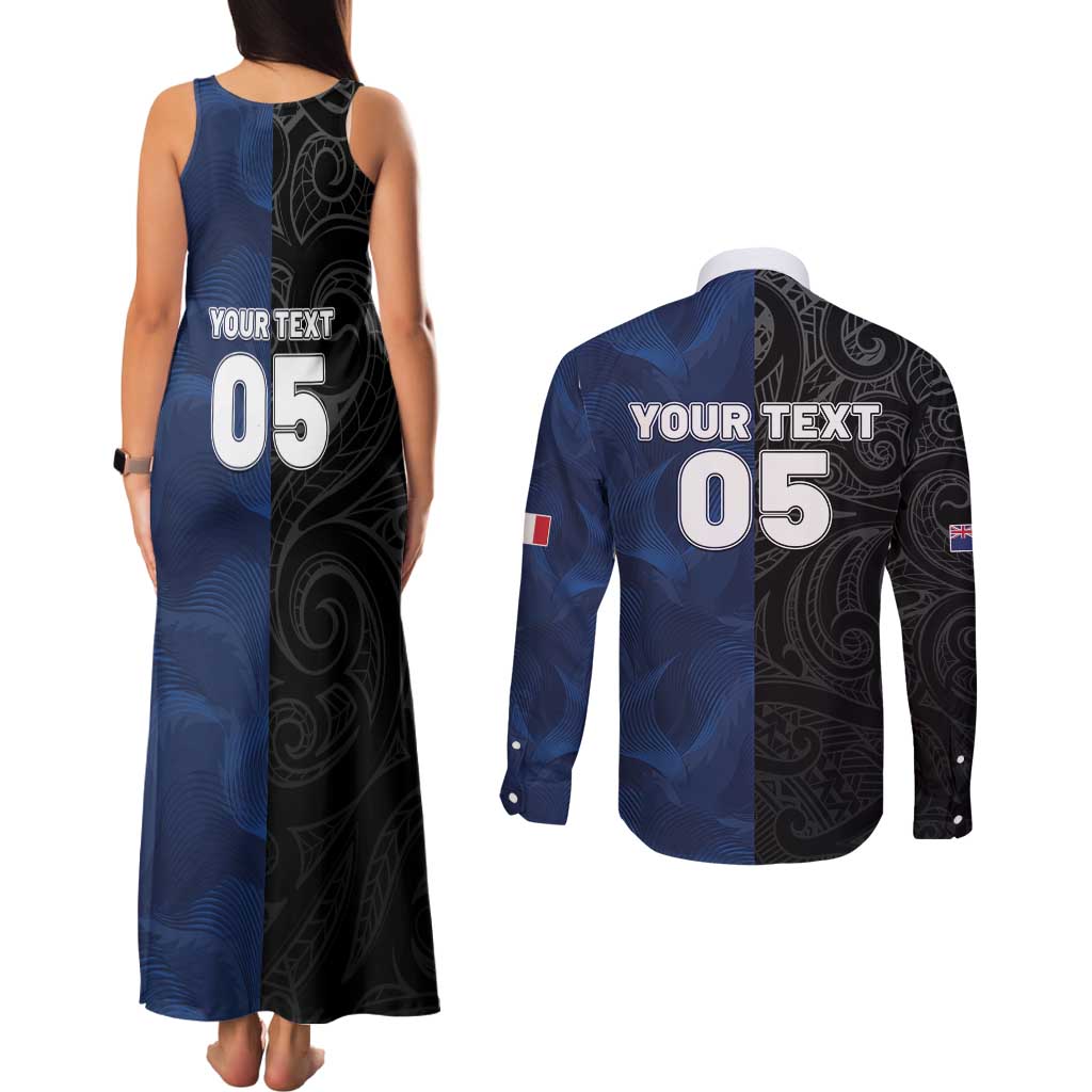 France And New Zealand Rugby Custom Couples Matching Tank Maxi Dress and Long Sleeve Button Shirt Les Bleus Rooster With Maori Tiki LT05 - Polynesian Pride