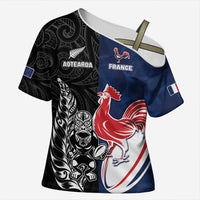 France And New Zealand Rugby Custom Cross Shoulder Shirt Les Bleus Rooster With Maori Tiki LT05 Female Black - Polynesian Pride