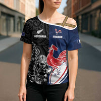 France And New Zealand Rugby Custom Cross Shoulder Shirt Les Bleus Rooster With Maori Tiki LT05 - Polynesian Pride