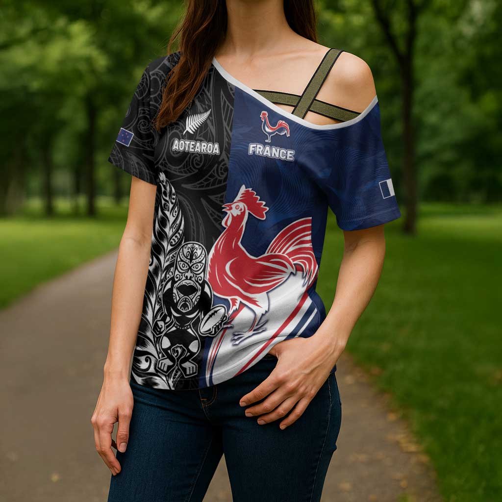 France And New Zealand Rugby Custom Cross Shoulder Shirt Les Bleus Rooster With Maori Tiki LT05 - Polynesian Pride