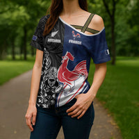 France And New Zealand Rugby Custom Cross Shoulder Shirt Les Bleus Rooster With Maori Tiki LT05 - Polynesian Pride