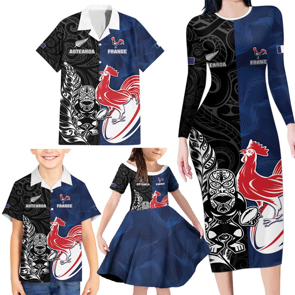 France And New Zealand Rugby Custom Family Matching Long Sleeve Bodycon Dress and Hawaiian Shirt Les Bleus Rooster With Maori Tiki LT05 - Polynesian Pride
