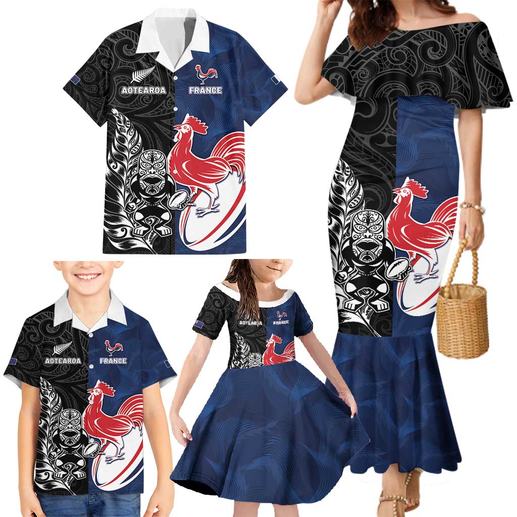 France And New Zealand Rugby Custom Family Matching Mermaid Dress and Hawaiian Shirt Les Bleus Rooster With Maori Tiki LT05 - Polynesian Pride