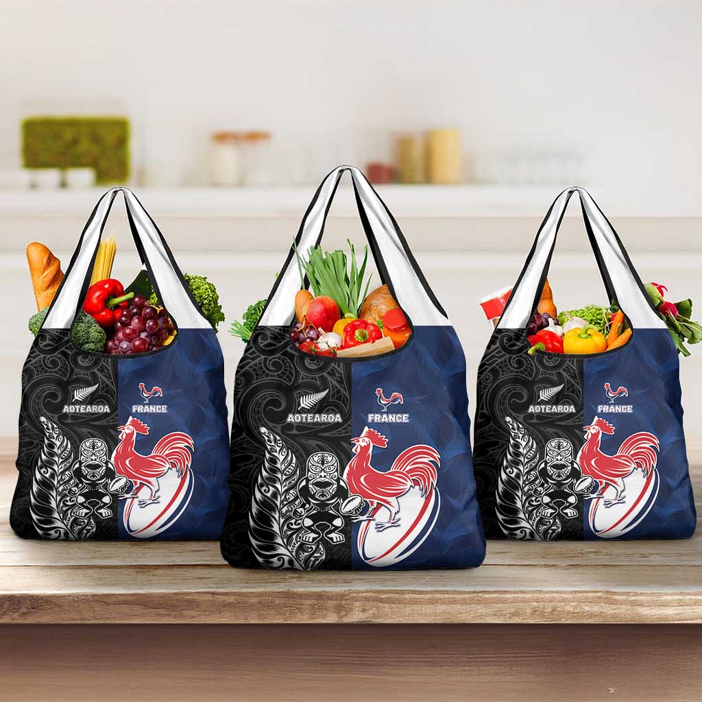 France And New Zealand Rugby Grocery Bag Les Bleus Rooster With Maori Tiki LT05 3-pack One Size Black - Polynesian Pride