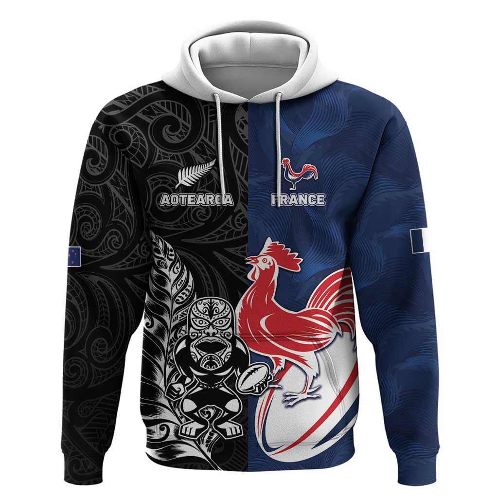 France And New Zealand Rugby Custom Hoodie Les Bleus Rooster With Maori Tiki LT05 Pullover Hoodie Black - Polynesian Pride
