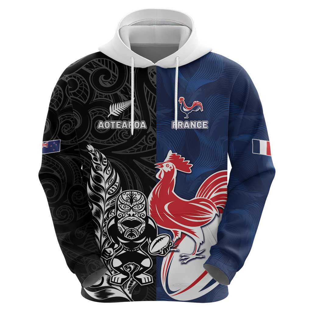 France And New Zealand Rugby Custom Hoodie Les Bleus Rooster With Maori Tiki LT05 - Polynesian Pride