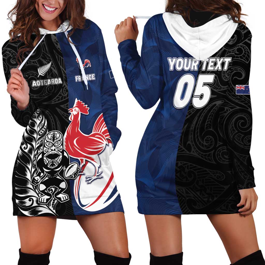 France And New Zealand Rugby Custom Hoodie Dress Les Bleus Rooster With Maori Tiki LT05 - Polynesian Pride