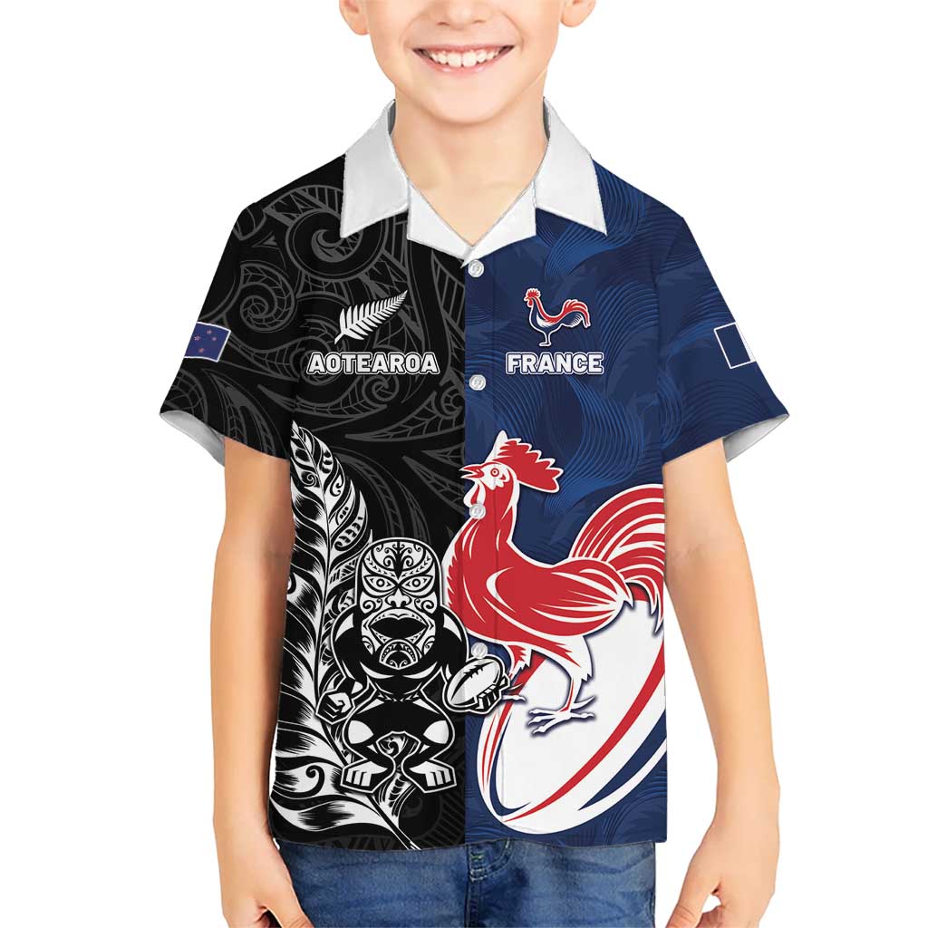 France And New Zealand Rugby Custom Kid Hawaiian Shirt Les Bleus Rooster With Maori Tiki LT05 Kid Black - Polynesian Pride