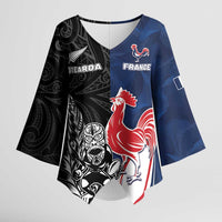 France And New Zealand Rugby Custom Kimono Sleeve Blouse Les Bleus Rooster With Maori Tiki LT05 Female Black - Polynesian Pride