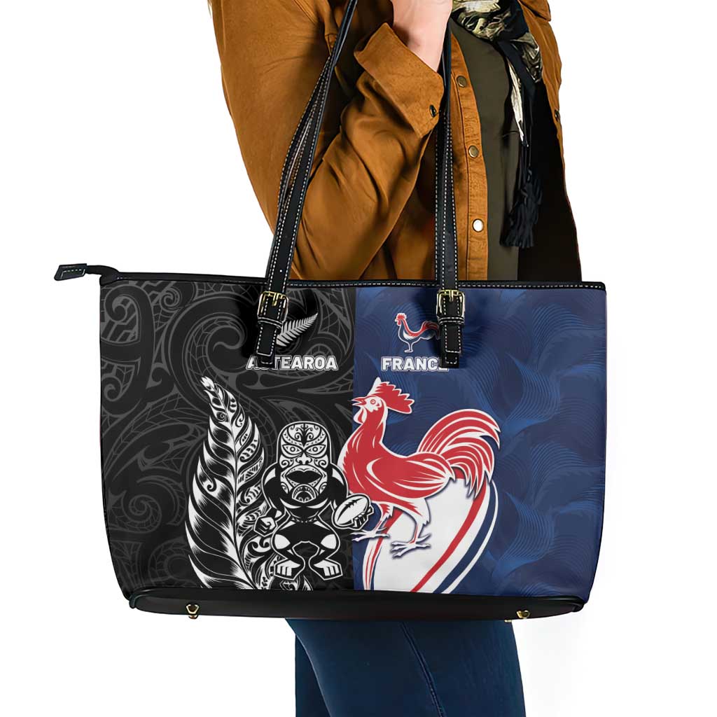 France And New Zealand Rugby Leather Tote Bag Les Bleus Rooster With Maori Tiki LT05 - Polynesian Pride