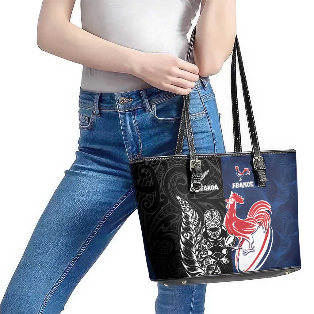 France And New Zealand Rugby Leather Tote Bag Les Bleus Rooster With Maori Tiki LT05 - Polynesian Pride