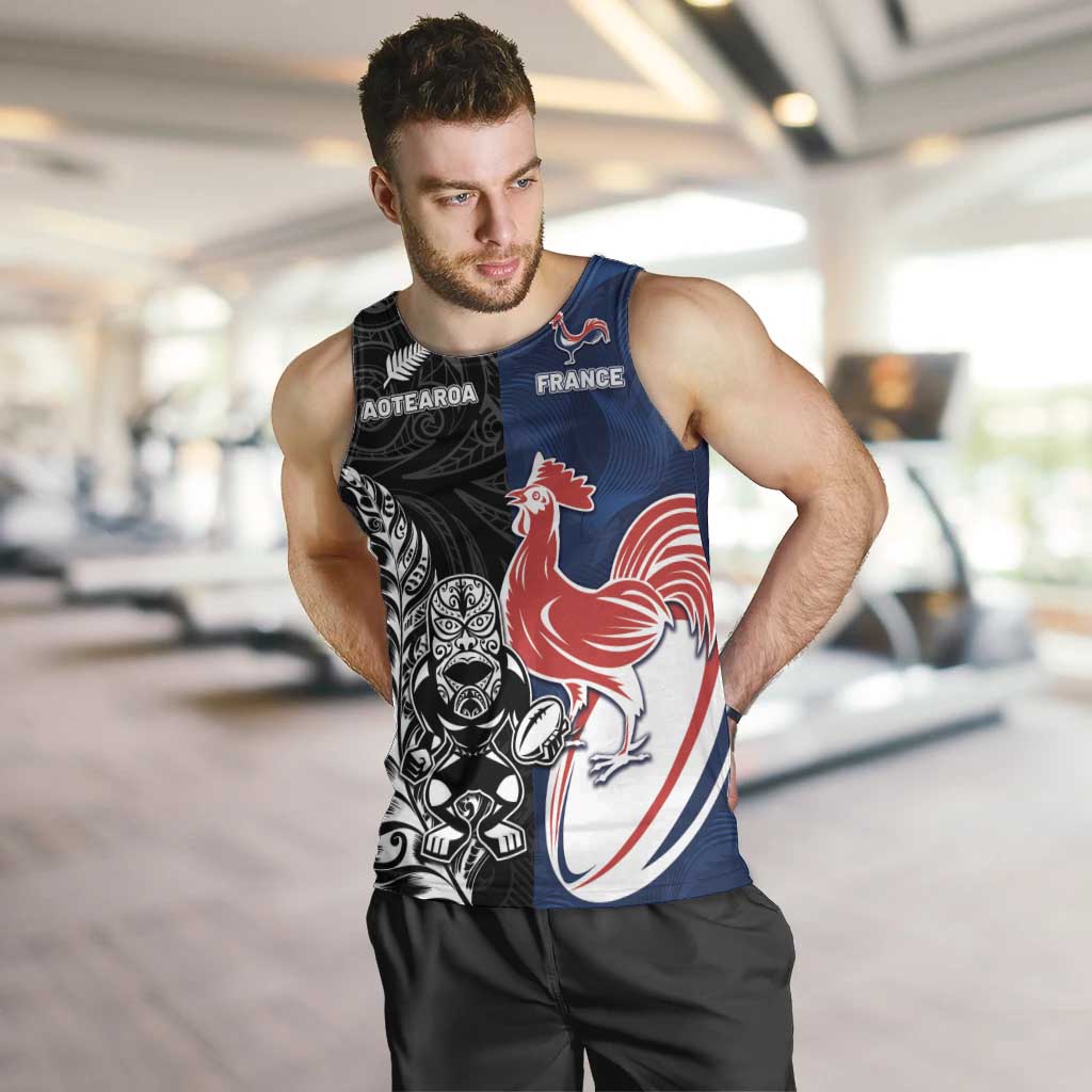 France And New Zealand Rugby Custom Men Tank Top Les Bleus Rooster With Maori Tiki LT05 Black - Polynesian Pride