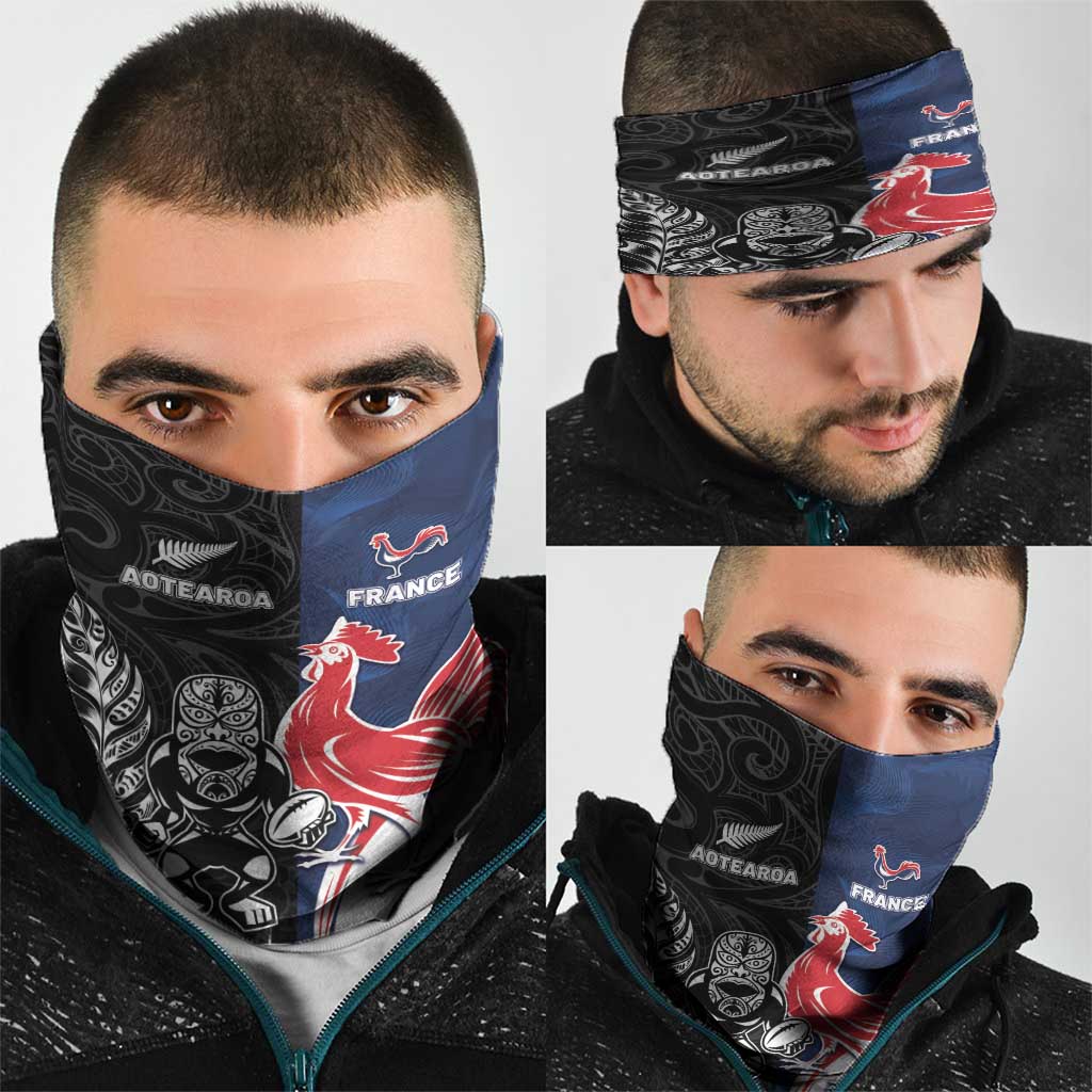France And New Zealand Rugby Neck Gaiter Les Bleus Rooster With Maori Tiki LT05 - Polynesian Pride