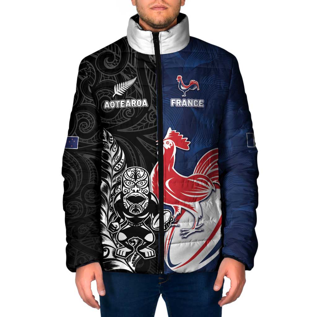 France And New Zealand Rugby Custom Padded Jacket Les Bleus Rooster With Maori Tiki LT05 Men Black - Polynesian Pride