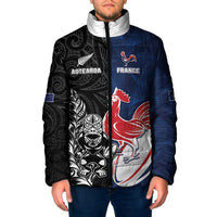 France And New Zealand Rugby Custom Padded Jacket Les Bleus Rooster With Maori Tiki LT05 Men Black - Polynesian Pride