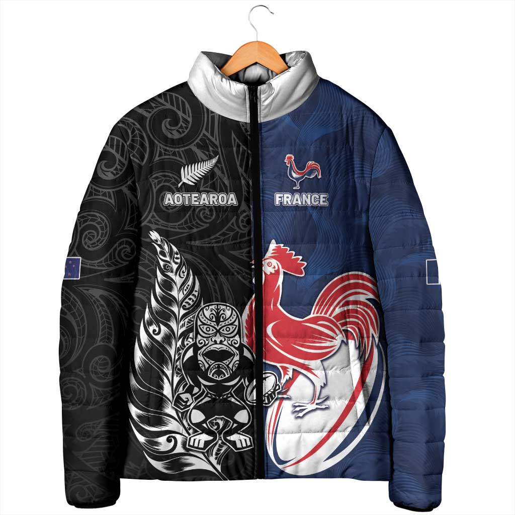 France And New Zealand Rugby Custom Padded Jacket Les Bleus Rooster With Maori Tiki LT05 - Polynesian Pride