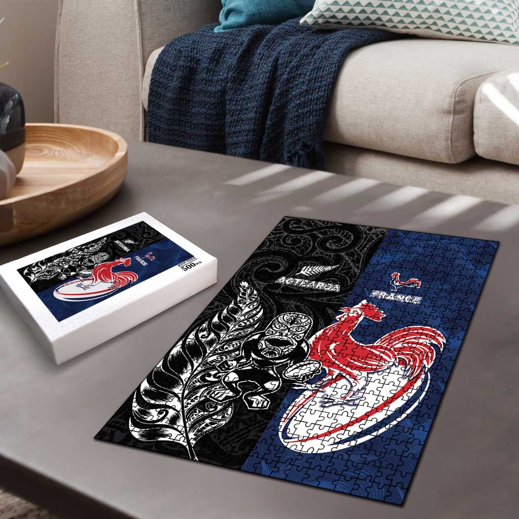 France And New Zealand Rugby Puzzle Les Bleus Rooster With Maori Tiki LT05 - Polynesian Pride