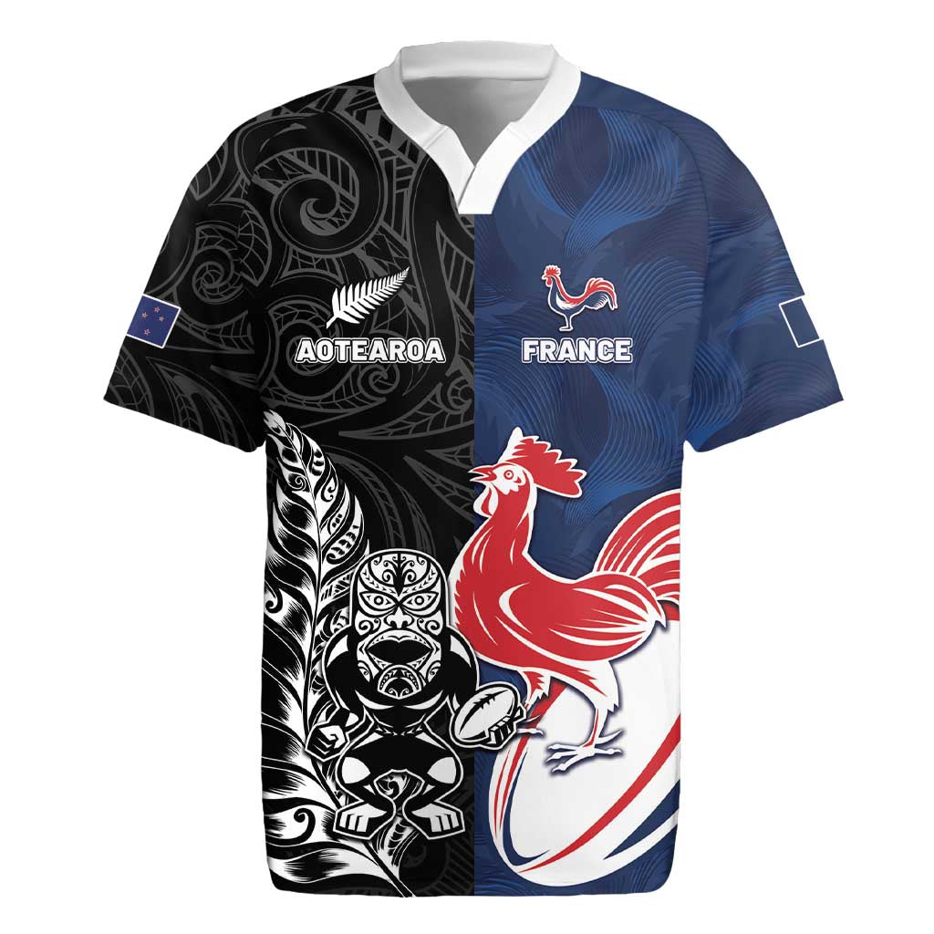 France And New Zealand Rugby Custom Rugby Jersey Les Bleus Rooster With Maori Tiki LT05 Black - Polynesian Pride