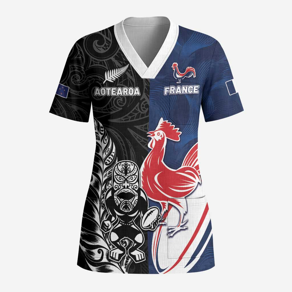 France And New Zealand Rugby Custom Scrub Top Les Bleus Rooster With Maori Tiki - Polynesian Pride