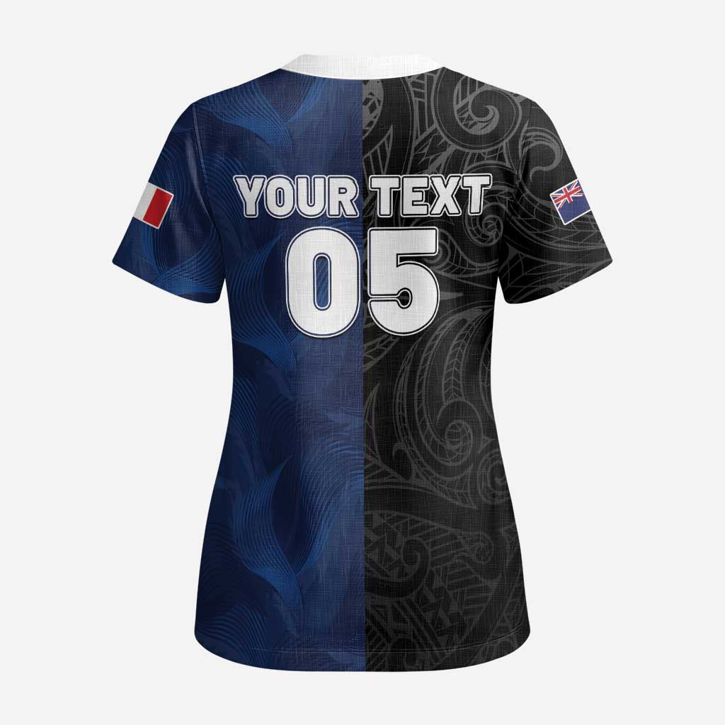 France And New Zealand Rugby Custom Scrub Top Les Bleus Rooster With Maori Tiki LT05 - Polynesian Pride