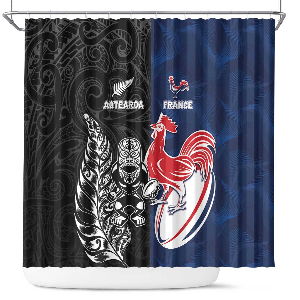 France And New Zealand Rugby Shower Curtain Les Bleus Rooster With Maori Tiki LT05 Black - Polynesian Pride