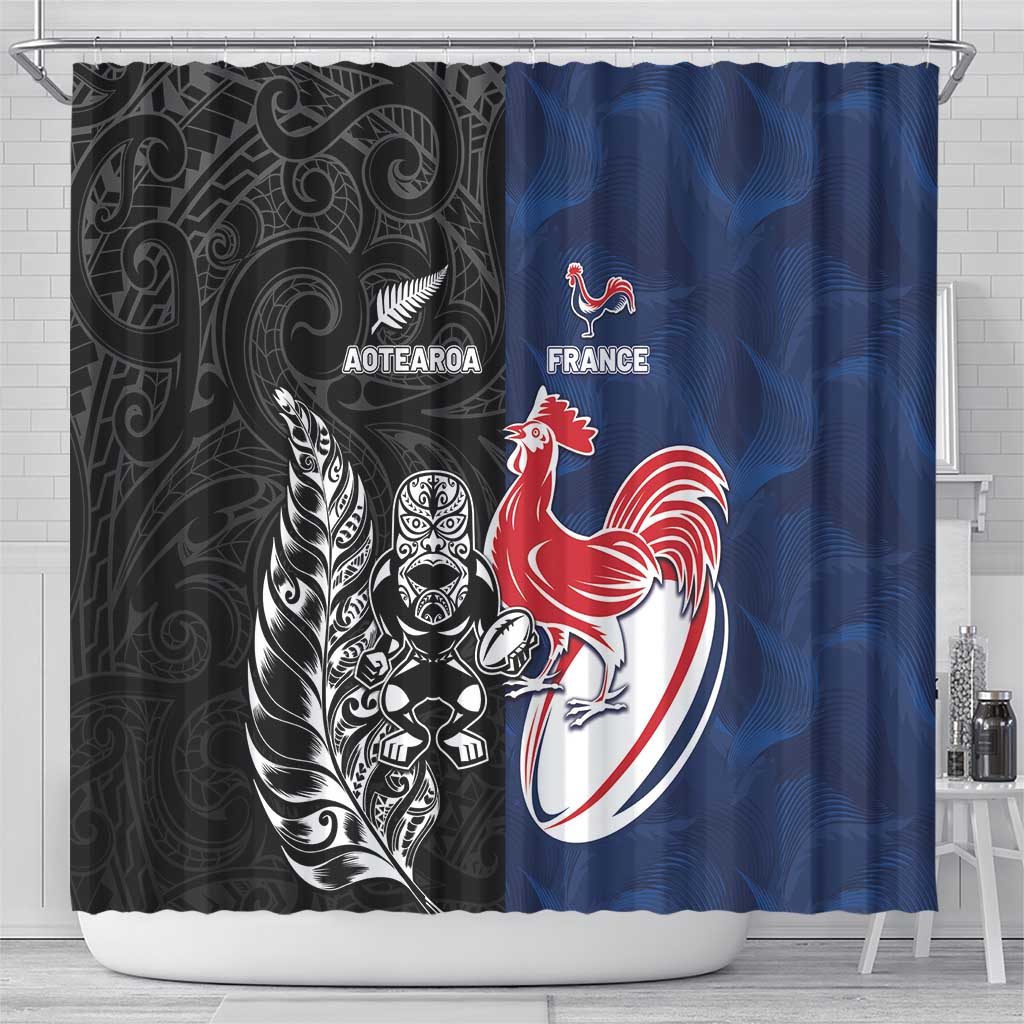 France And New Zealand Rugby Shower Curtain Les Bleus Rooster With Maori Tiki LT05 - Polynesian Pride