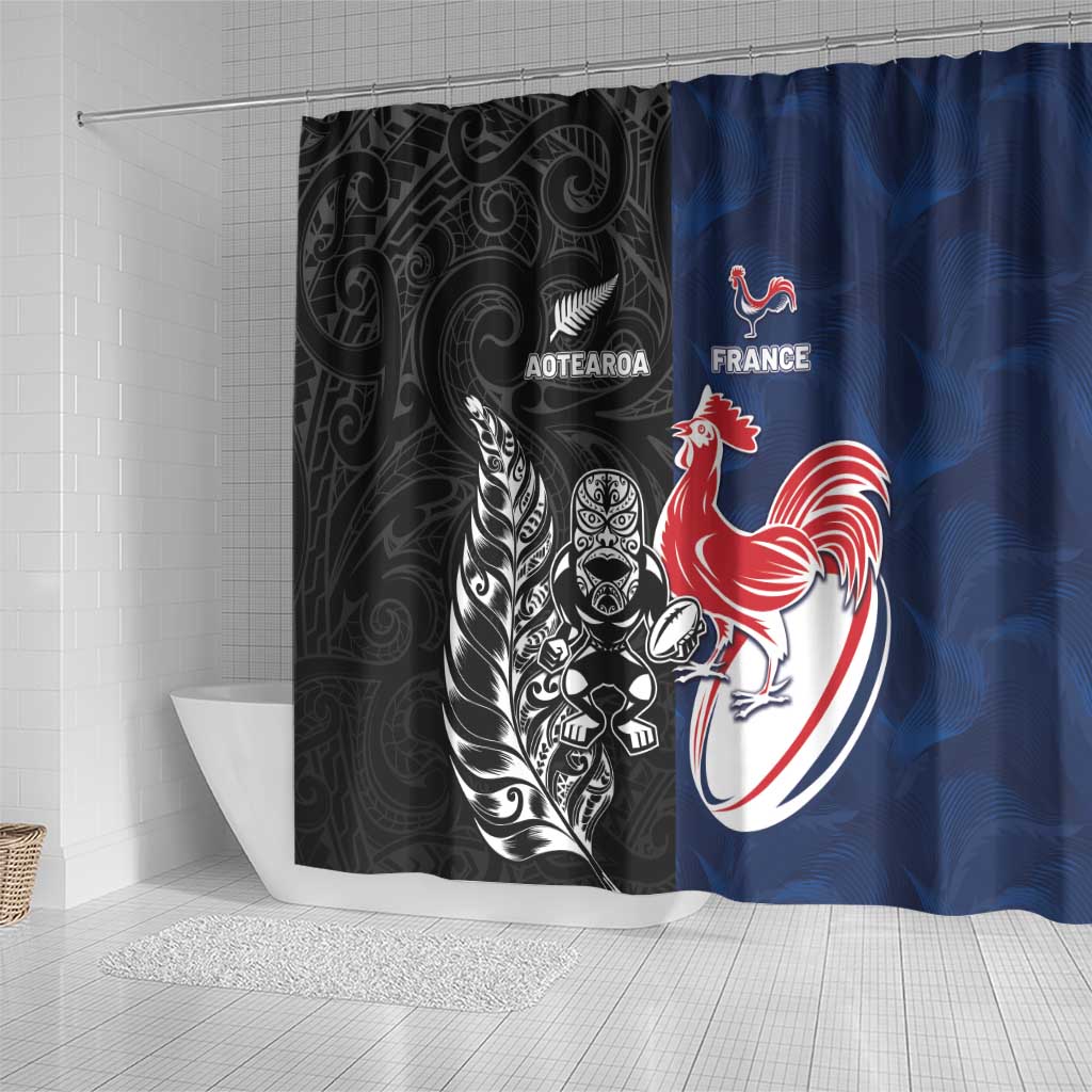 France And New Zealand Rugby Shower Curtain Les Bleus Rooster With Maori Tiki LT05 - Polynesian Pride