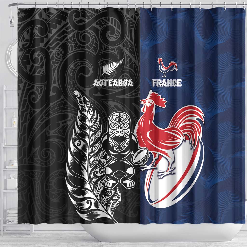 France And New Zealand Rugby Shower Curtain Les Bleus Rooster With Maori Tiki LT05 - Polynesian Pride