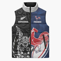 France And New Zealand Rugby Custom Sleeveless Puffer Jacket Les Bleus Rooster With Maori Tiki LT05 Unisex Black - Polynesian Pride