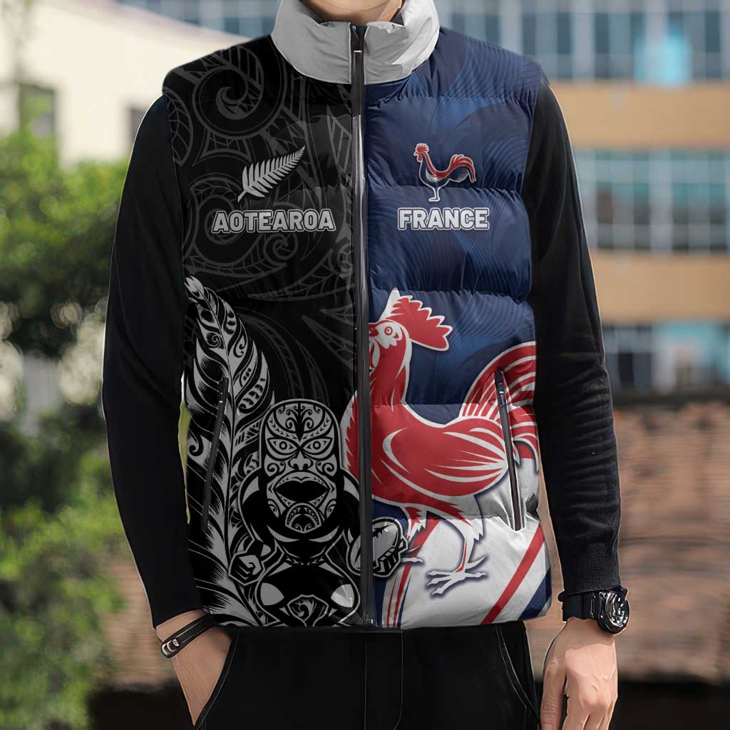 France And New Zealand Rugby Custom Sleeveless Puffer Jacket Les Bleus Rooster With Maori Tiki LT05 - Polynesian Pride