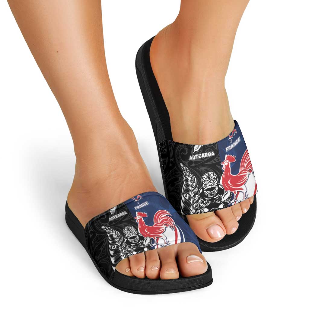 France And New Zealand Rugby Slide Sandals Les Bleus Rooster With Maori Tiki LT05 - Polynesian Pride