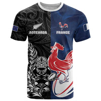 France And New Zealand Rugby Custom T Shirt Les Bleus Rooster With Maori Tiki LT05 Black - Polynesian Pride