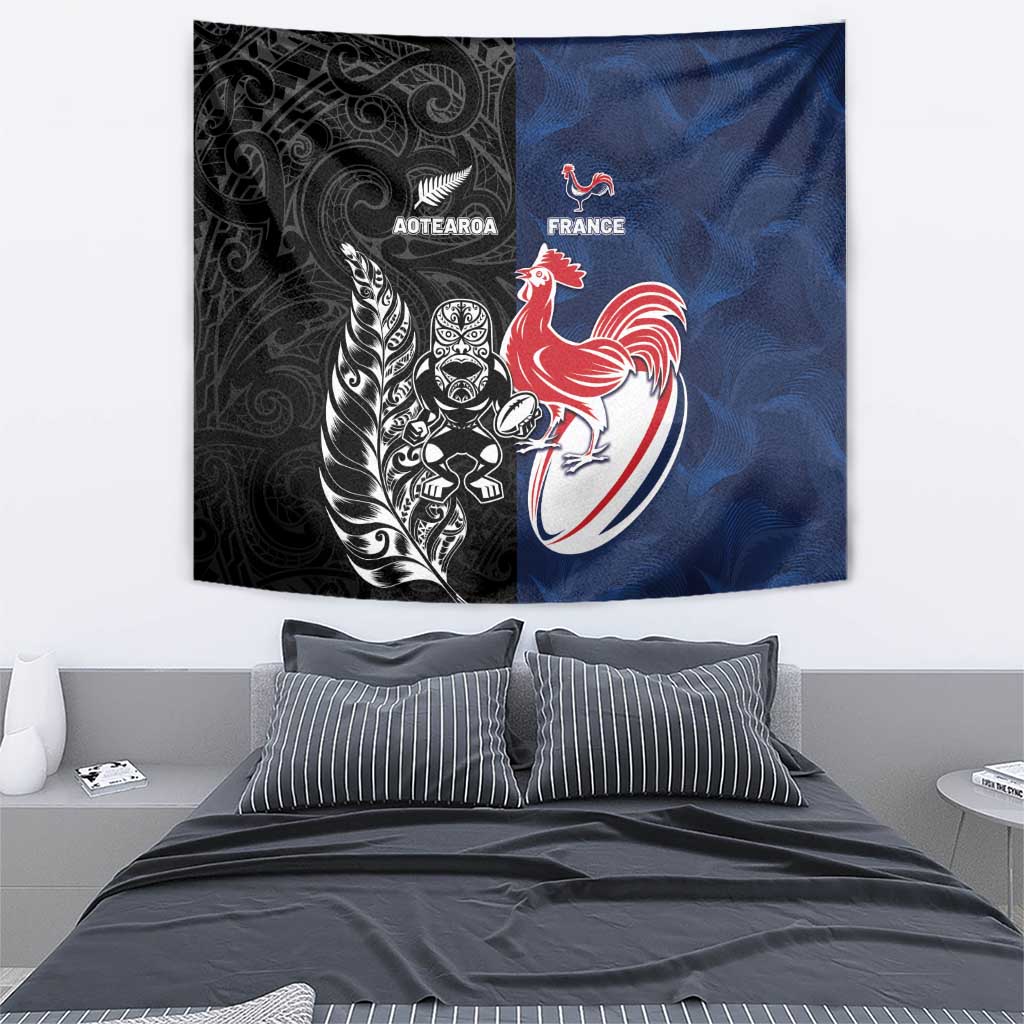 France And New Zealand Rugby Tapestry Les Bleus Rooster With Maori Tiki LT05 - Polynesian Pride