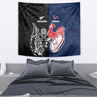 France And New Zealand Rugby Tapestry Les Bleus Rooster With Maori Tiki LT05 - Polynesian Pride