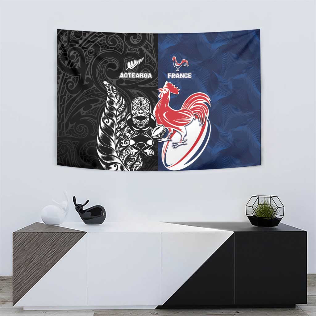 France And New Zealand Rugby Tapestry Les Bleus Rooster With Maori Tiki LT05 - Polynesian Pride