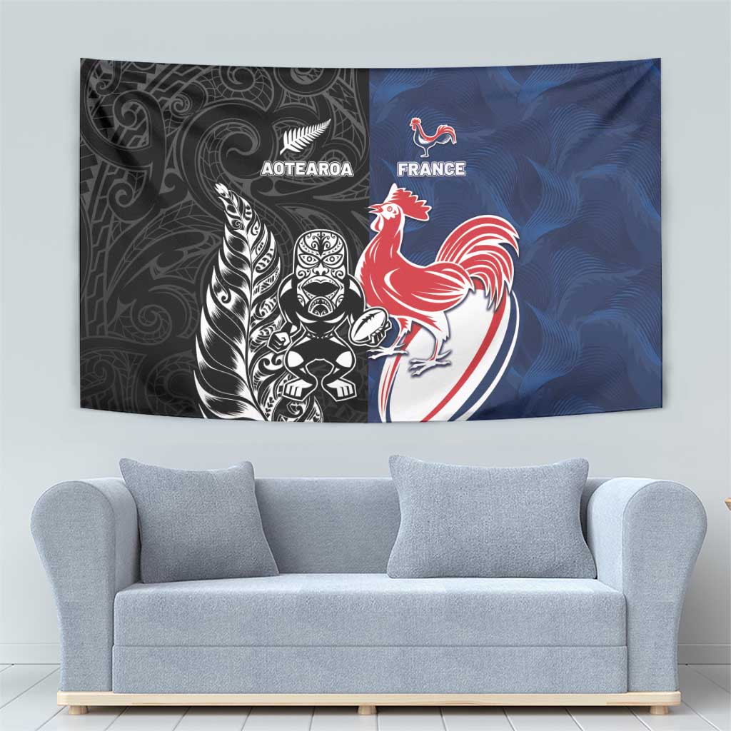 France And New Zealand Rugby Tapestry Les Bleus Rooster With Maori Tiki LT05 - Polynesian Pride