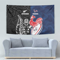 France And New Zealand Rugby Tapestry Les Bleus Rooster With Maori Tiki LT05 - Polynesian Pride