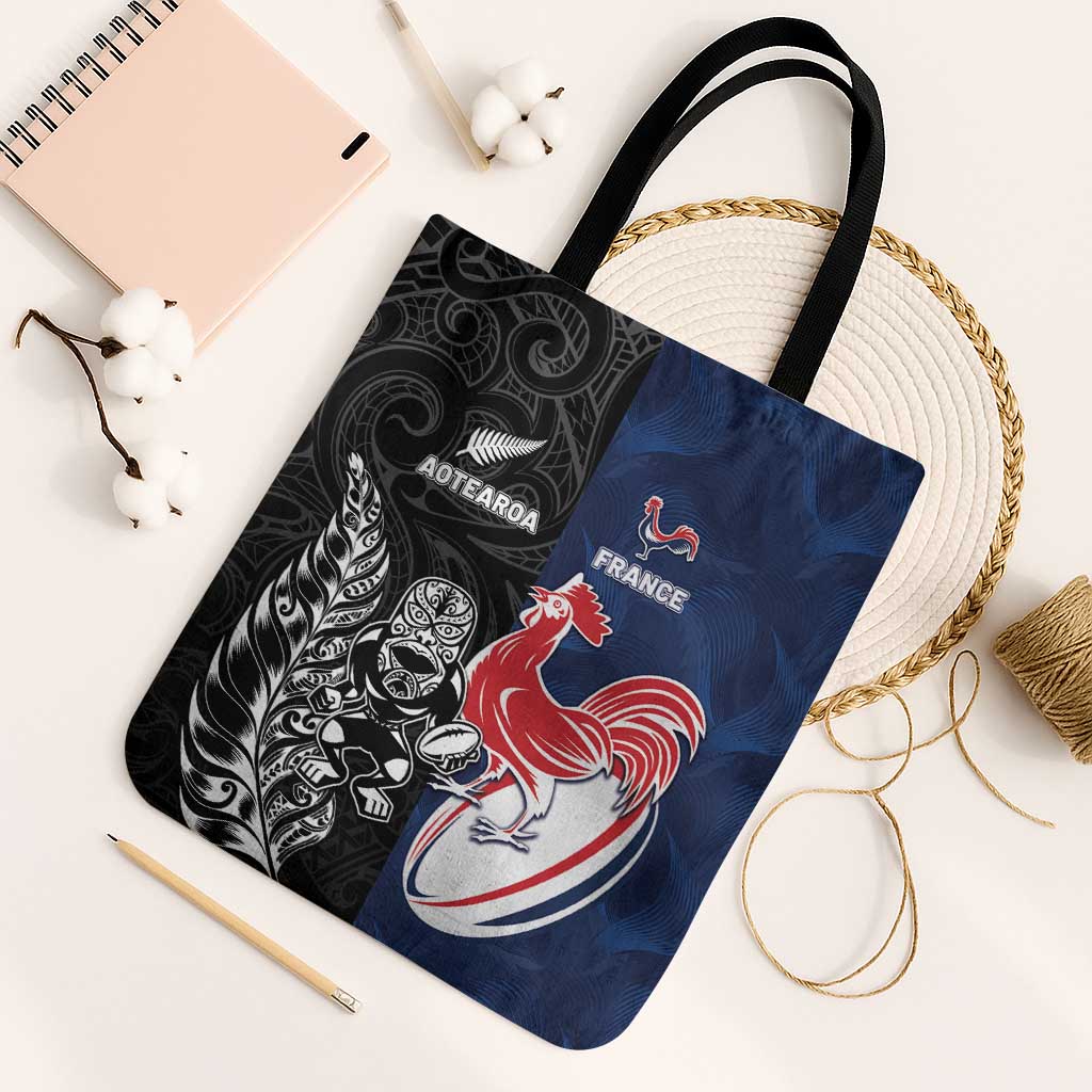 France And New Zealand Rugby Tote Bag Les Bleus Rooster With Maori Tiki LT05 Black Strap One Size Black - Polynesian Pride