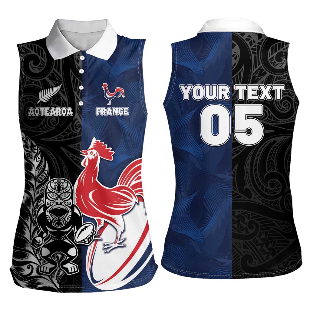 France And New Zealand Rugby Custom Women Sleeveless Polo Shirt Les Bleus Rooster With Maori Tiki LT05 - Polynesian Pride