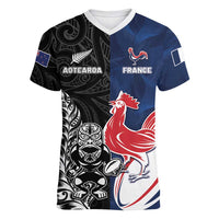 France And New Zealand Rugby Custom Women V-Neck T-Shirt Les Bleus Rooster With Maori Tiki LT05 Female Black - Polynesian Pride