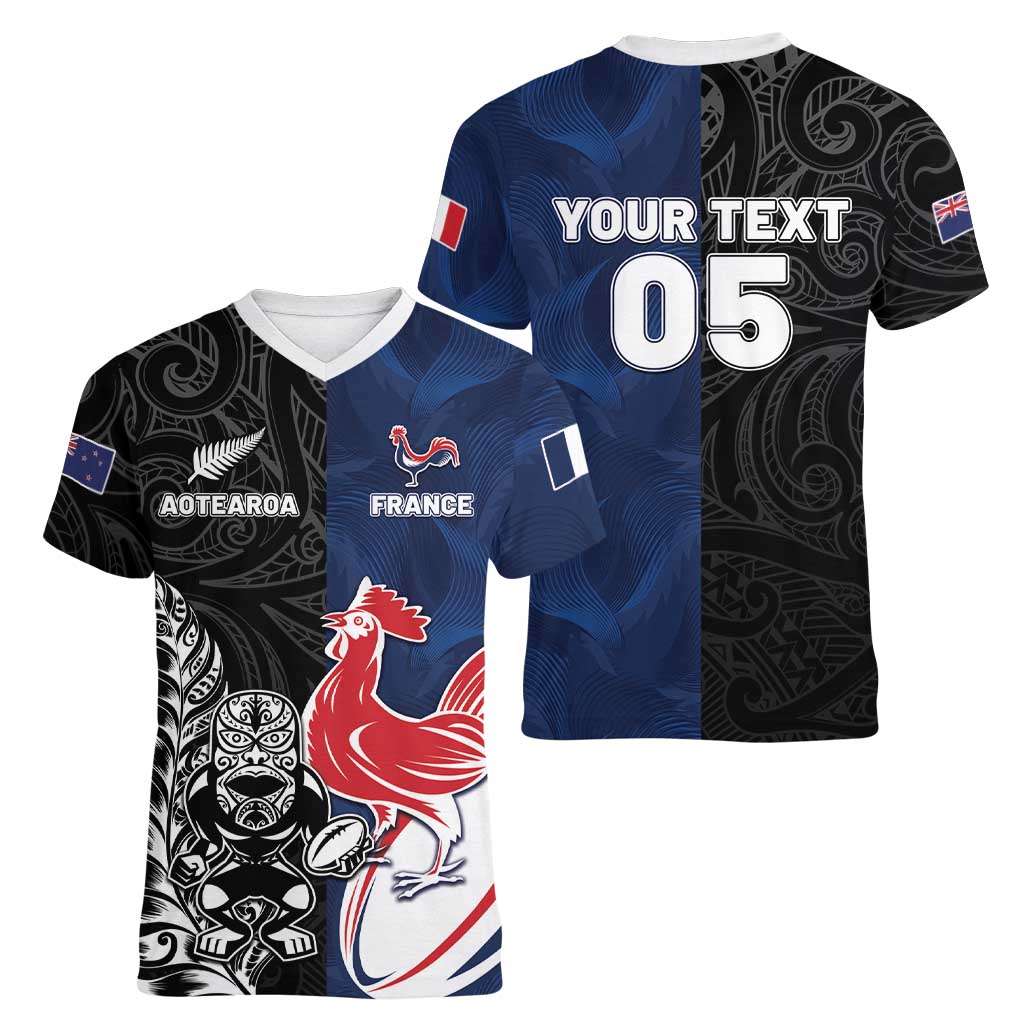 France And New Zealand Rugby Custom Women V-Neck T-Shirt Les Bleus Rooster With Maori Tiki LT05 - Polynesian Pride