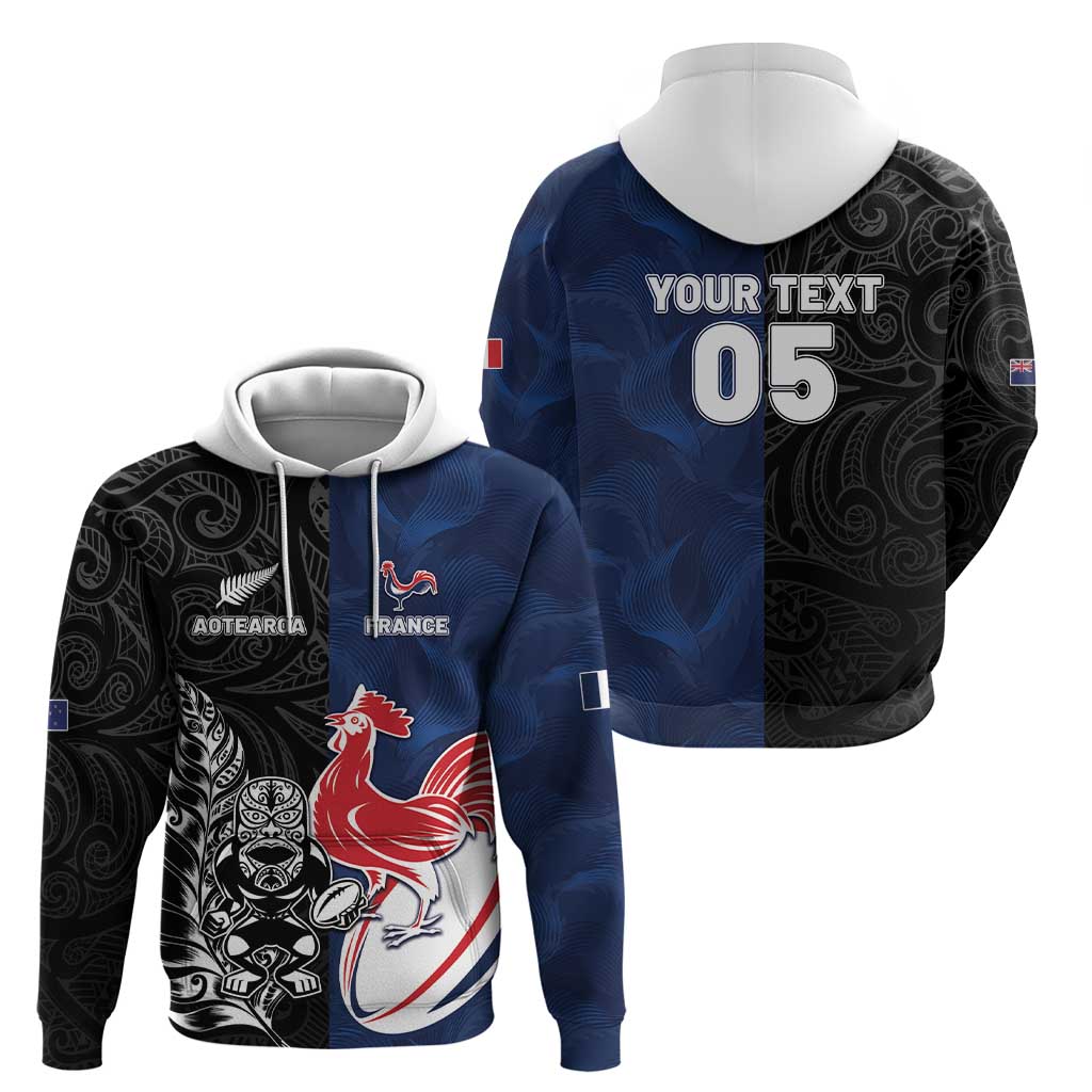 France And New Zealand Rugby Custom Zip Hoodie Les Bleus Rooster With Maori Tiki LT05 - Polynesian Pride