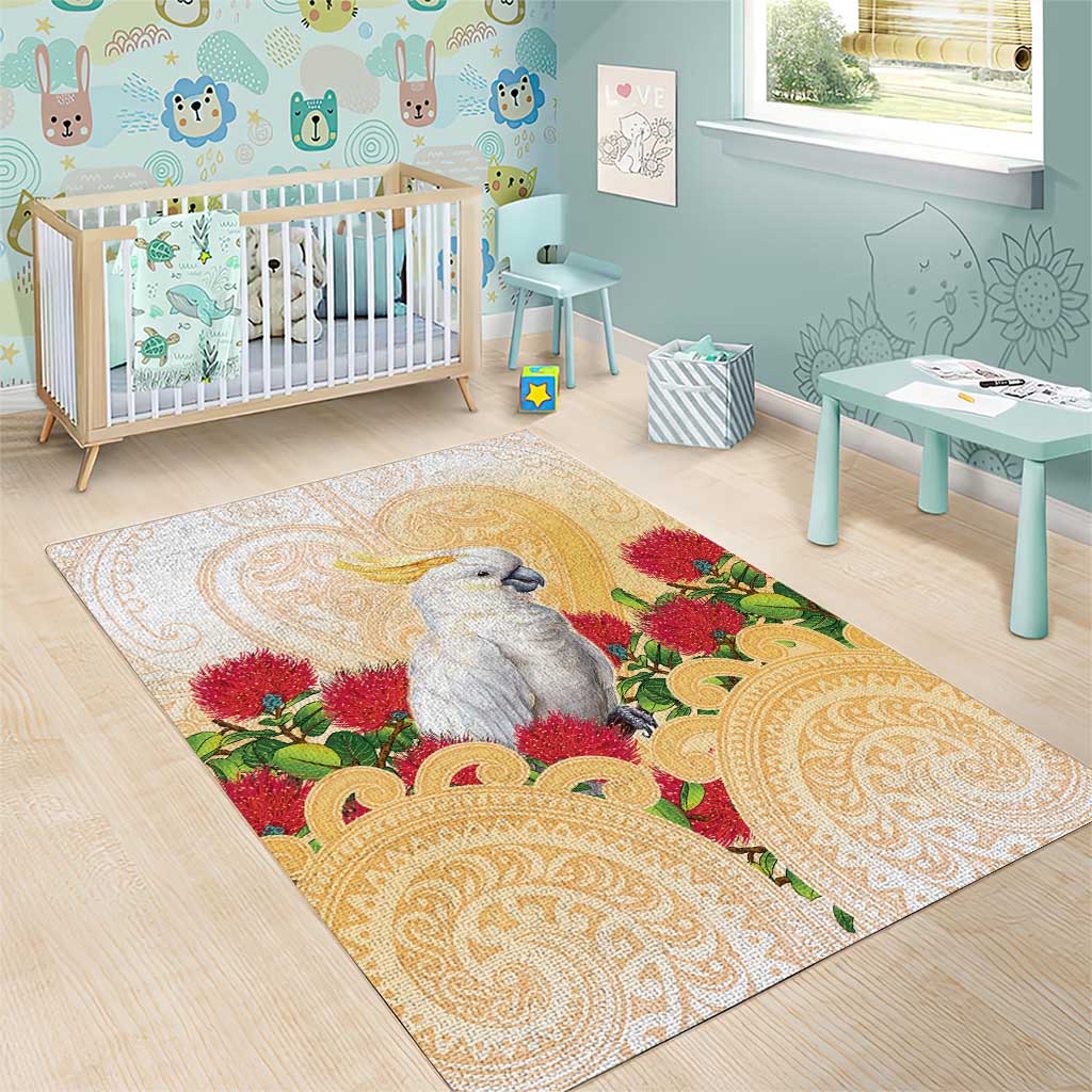 New Zealand Aotearoa Cockatoo Area Rug Maori Pattern With Pohutukawa Flowers